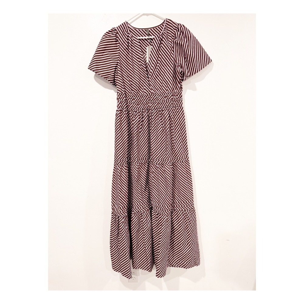 Anthropologie Pink Stripe Tiered Maxi Dress V-Neck Smocked Waist Burgundy Medium